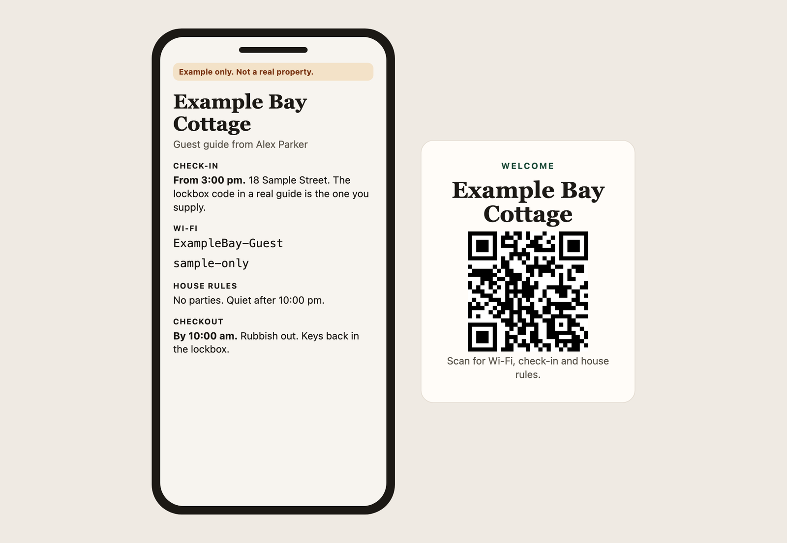 Example guest guide on a phone, next to a printable welcome sign with a QR code. The property shown, Example Bay Cottage, is fictional.